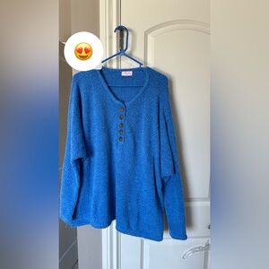 Pink Lily Blue Sweater with Button Detail